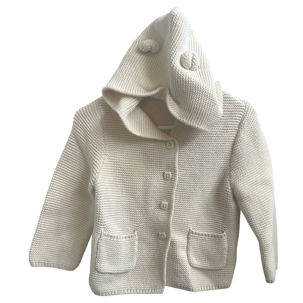 Baby Gap Bear Ear Hooded Sweater Cardigan Cream Knit Jacket 12-18M